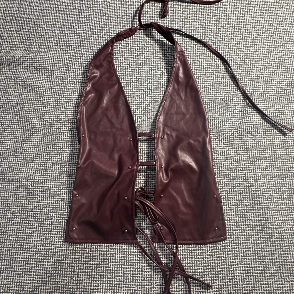 Burgundy Faux Leather Studded Halter Top Lace Up Open Front Festival Vest M
